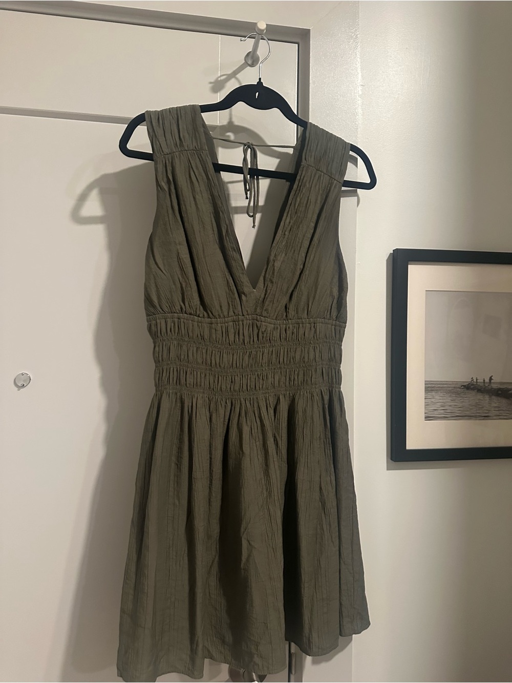 Abercrombie & Fitch Olive Green Sleeveless V-Neck Smocked Waist Dress